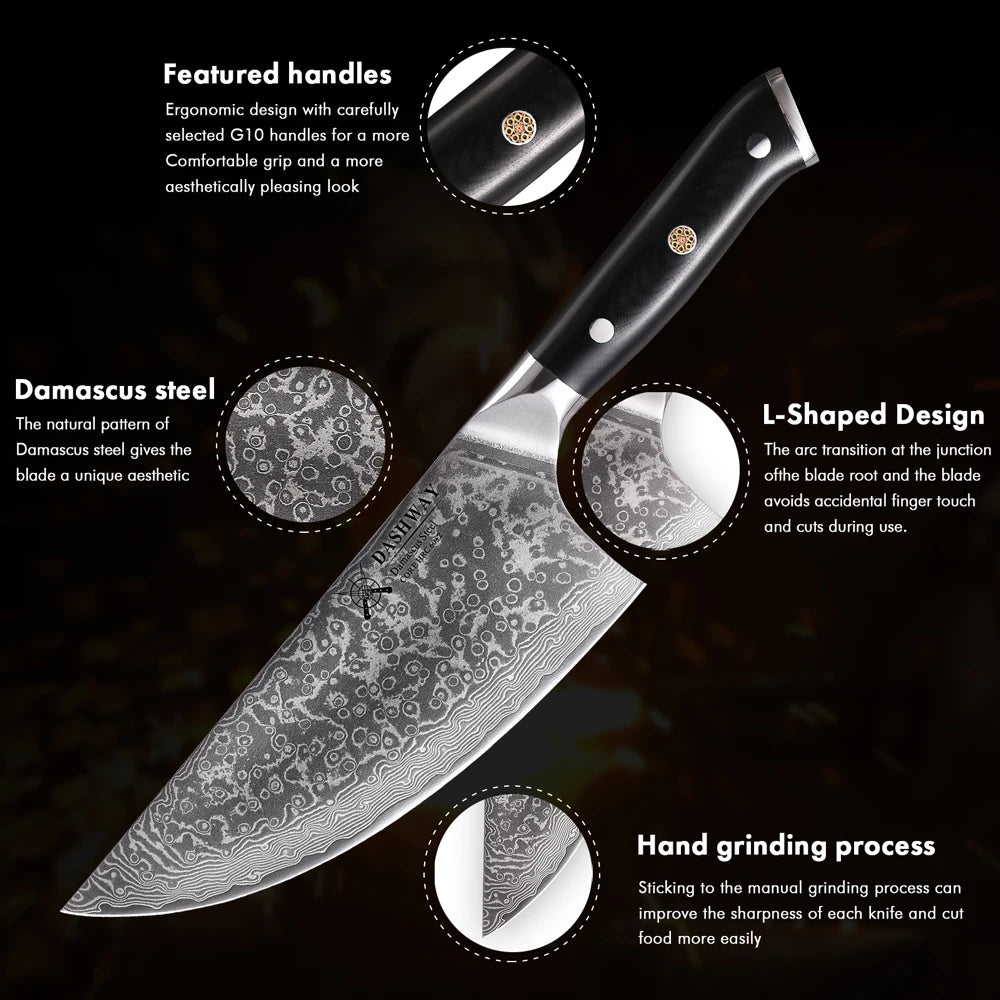 DASHWAY 7.5" Damascus Steel Butcher Knife | VG10 Chef Knife Damascus Chef Knife Qst