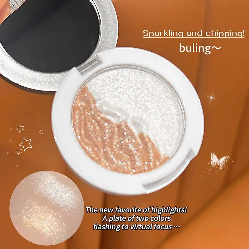 Qme 3-Color Two-Tone Glitter Highlighter Pressed Powder Highlighter Pressed Powder Qme