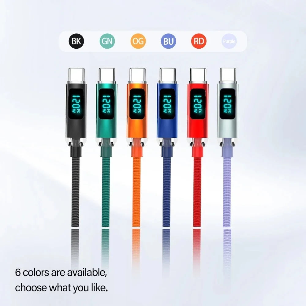 120W USB-C Fast Charging Cable | Nylon Braided & Digital Display USB-C Charging Cable Qme