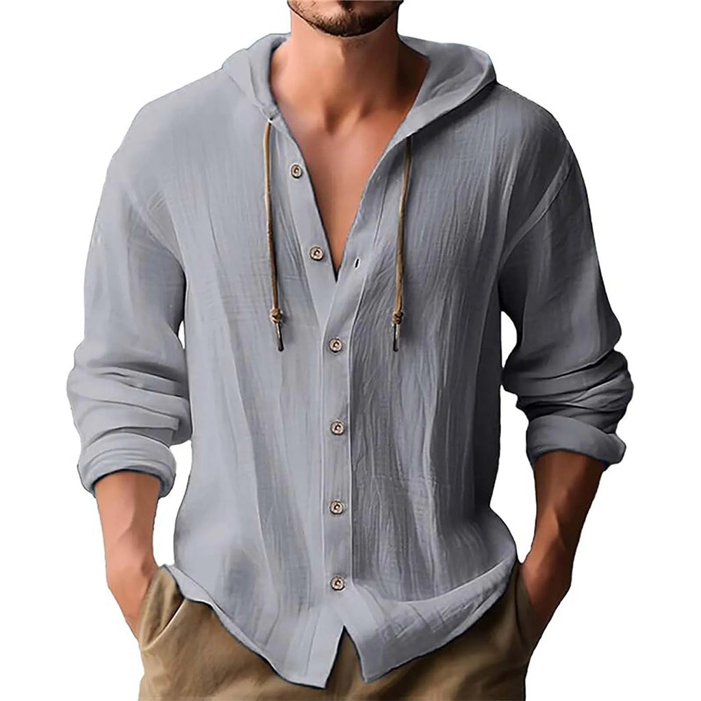 Men's Hooded Long Sleeve Cotton Linen Casual Shirt | Drawstring Hooded Casual Shirt Qme