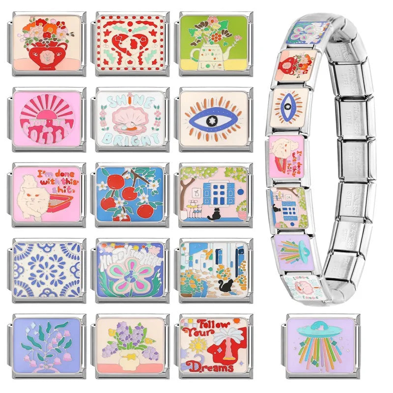Y2K Colorful Glaze Cat Italian Charm Link Bracelet Charm Link Bracelet Qme