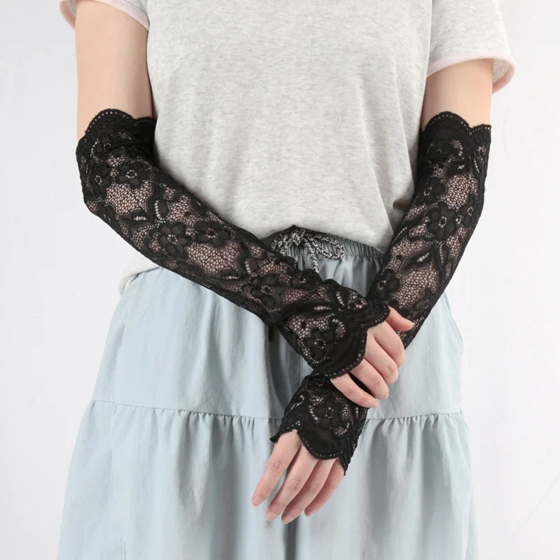 Women's Long Lace Fingerless Gloves Flower Sun Arm Sleeves Lace Arm Sleeves Qme black One Size