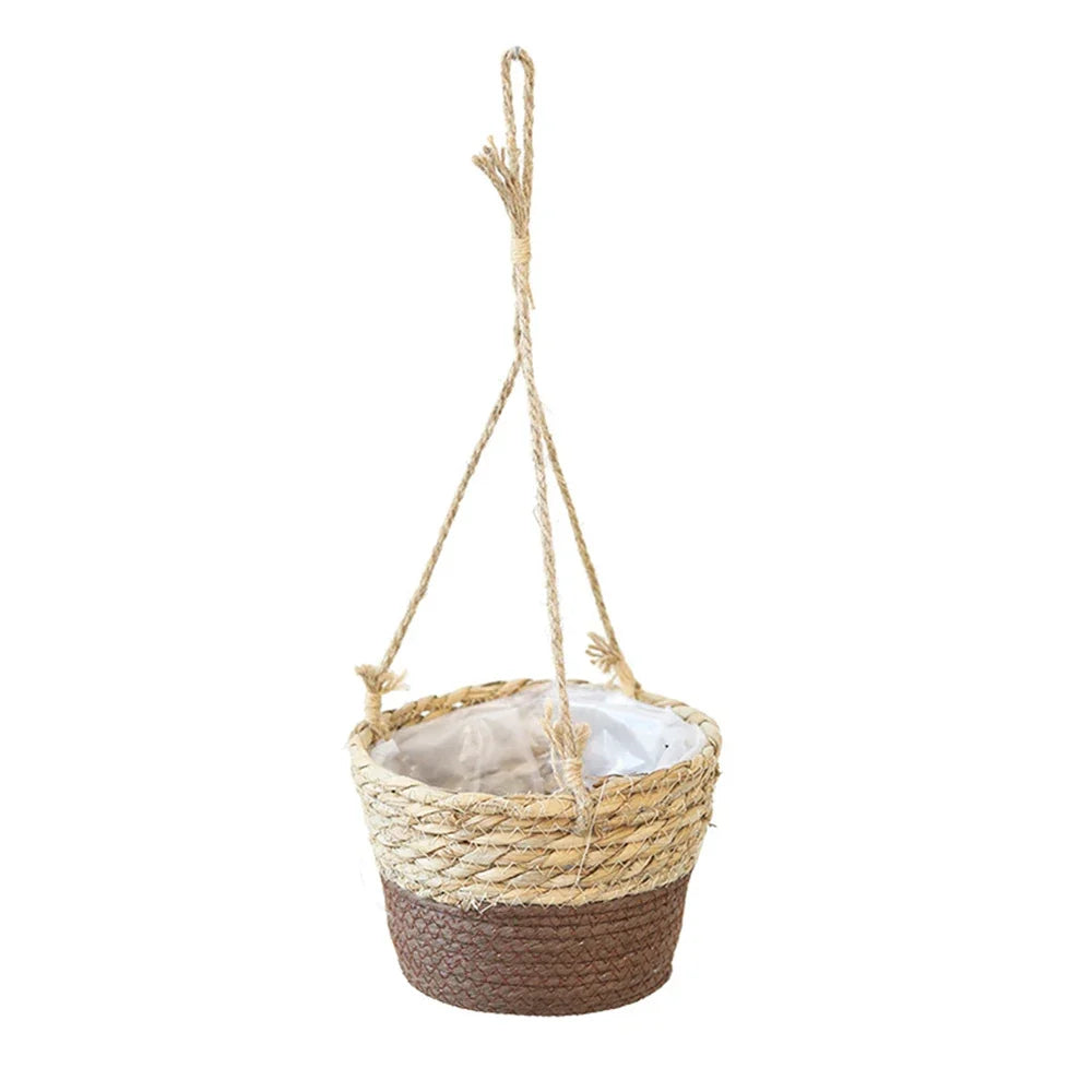 Woven Rattan Hanging Basket Planter for Orchids & Flowers Hanging Basket Planter Qme Coffee color