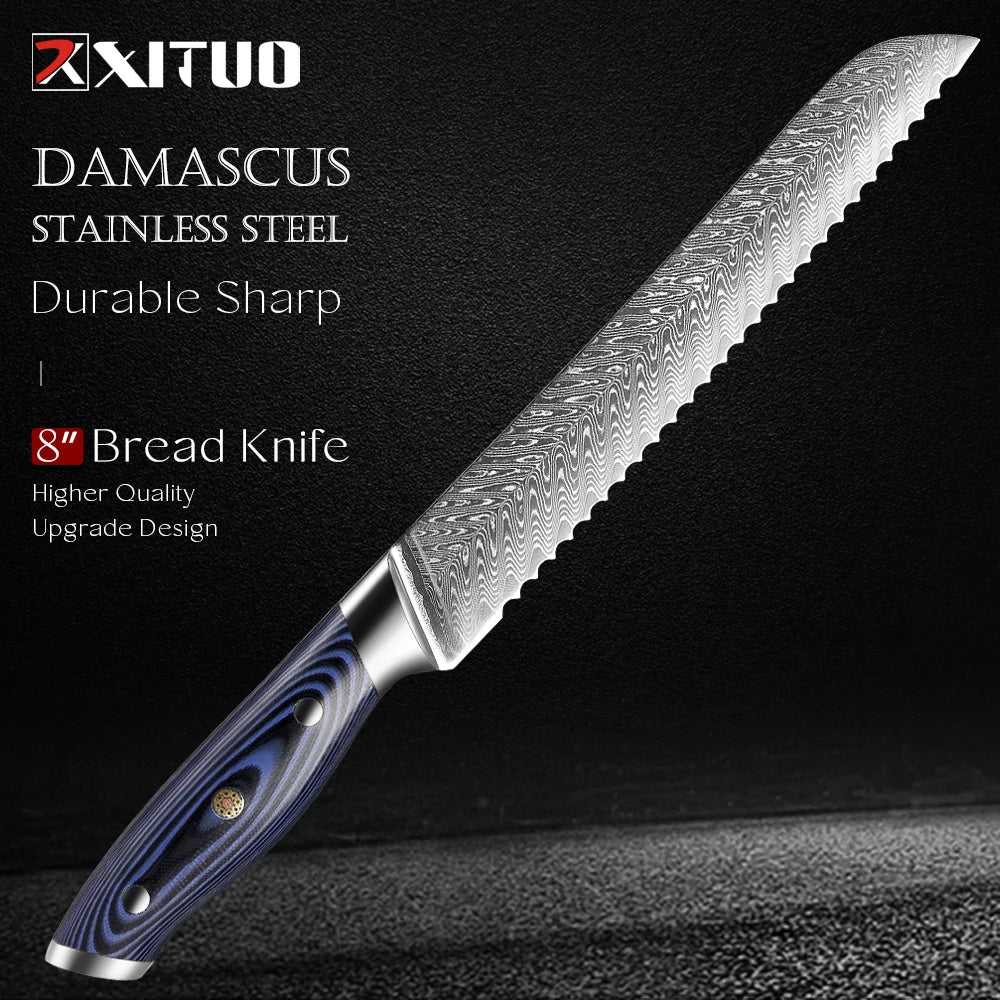 XITUO 8" Damascus Steel Serrated Bread Knife – Blue G10 Handle Damascus Bread Knife Qst