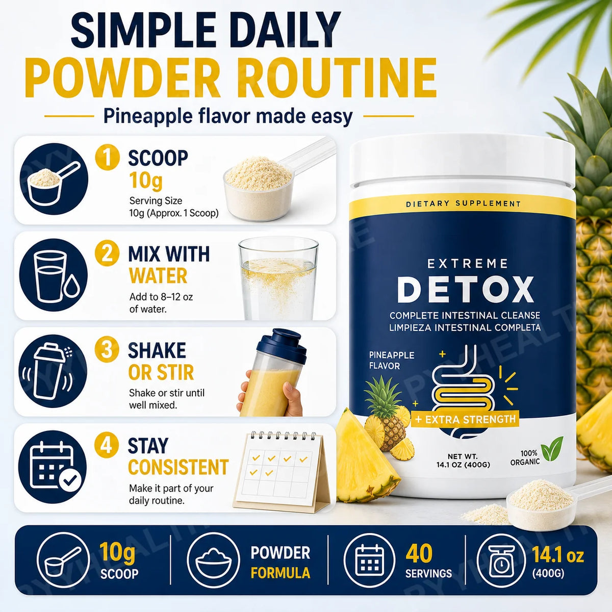 Pineapple Psyllium Fiber Powder Drink Mix – 400g, 40 Servings Fiber Supplement Powder Qst