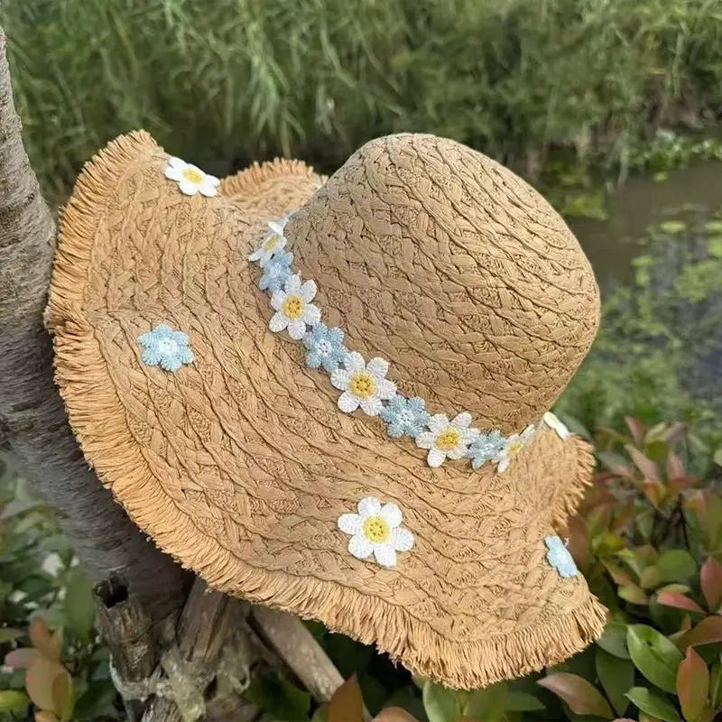 Women's Wide Brim Raffia Straw Sun Hat – Rolled Brim Beach Hat Straw Sun Hat Qst B one size