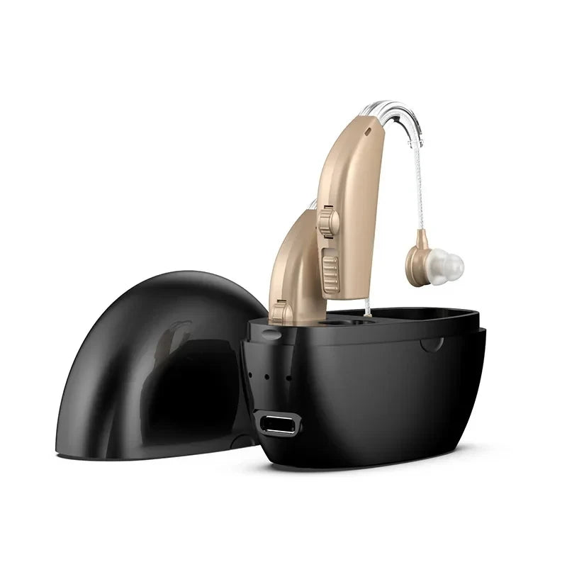 BTE Rechargeable Hearing Aid – Wireless Charging for Seniors Rechargeable Hearing Aid Qst Black-Beige