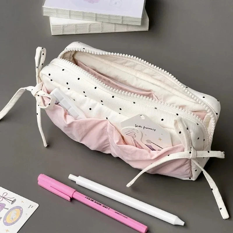 Cute Polka Dot Large Capacity Pencil Bag | Fabric Pouch Pencil Bag Pouch Qme