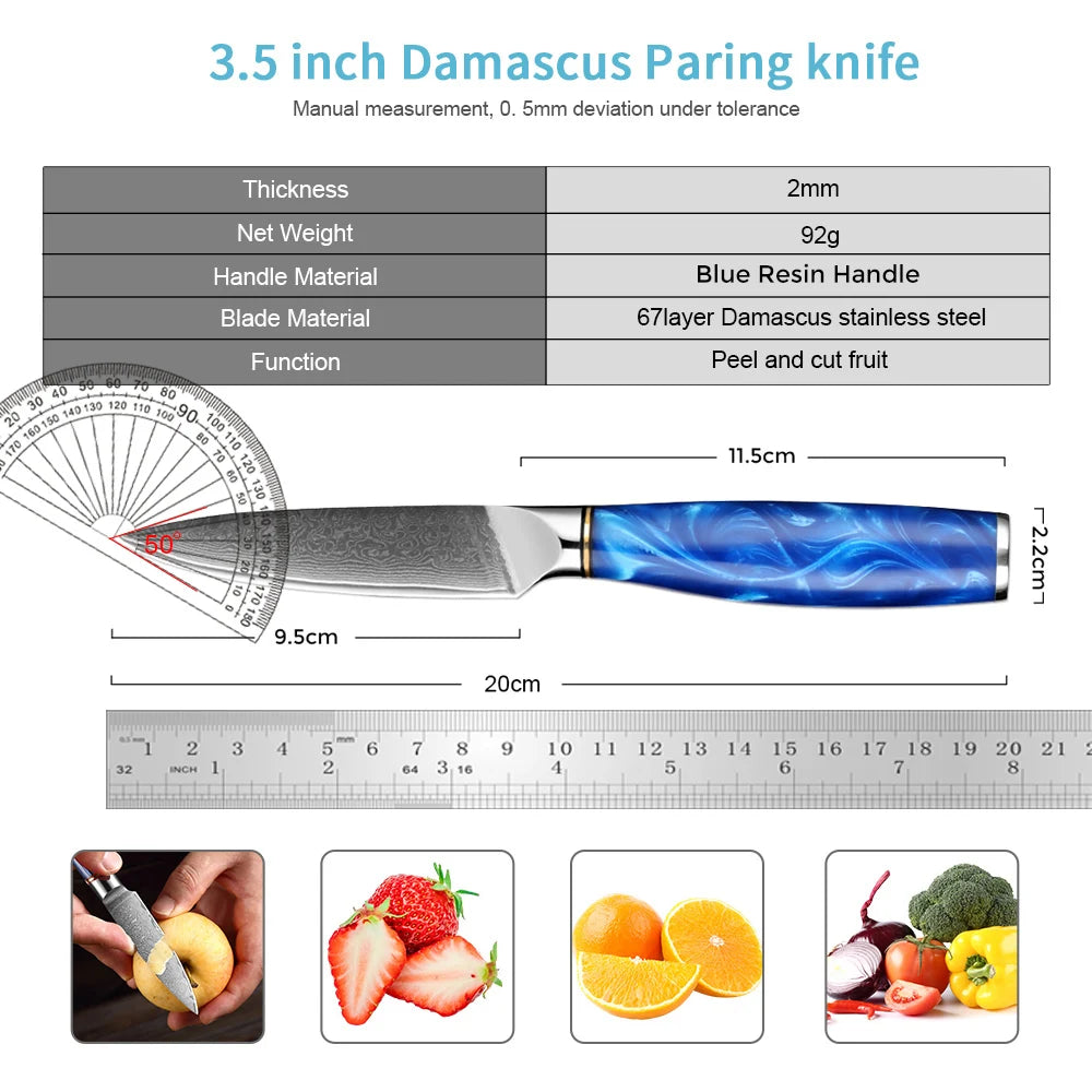 XITUO Damascus Steel 3.5" Paring Knife – Blue Resin Handle Damascus Paring Knife Qst