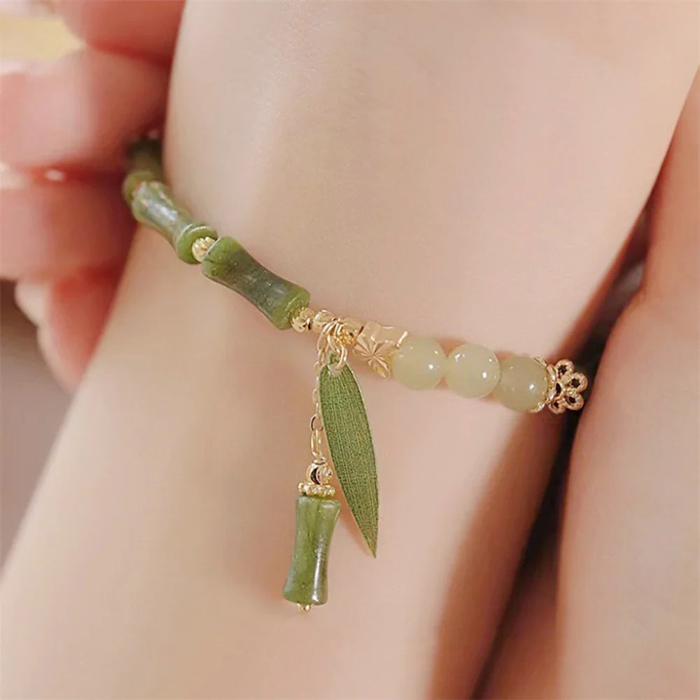 Handmade Green Natural Stone Bamboo Leaf Beaded Bracelet Beaded Bracelet Qme