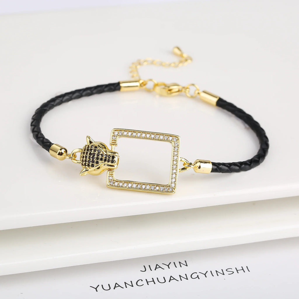 Leopard Head Zirconia Braided Leather Rope Charm Bracelet Charm Bracelet Qme 1
