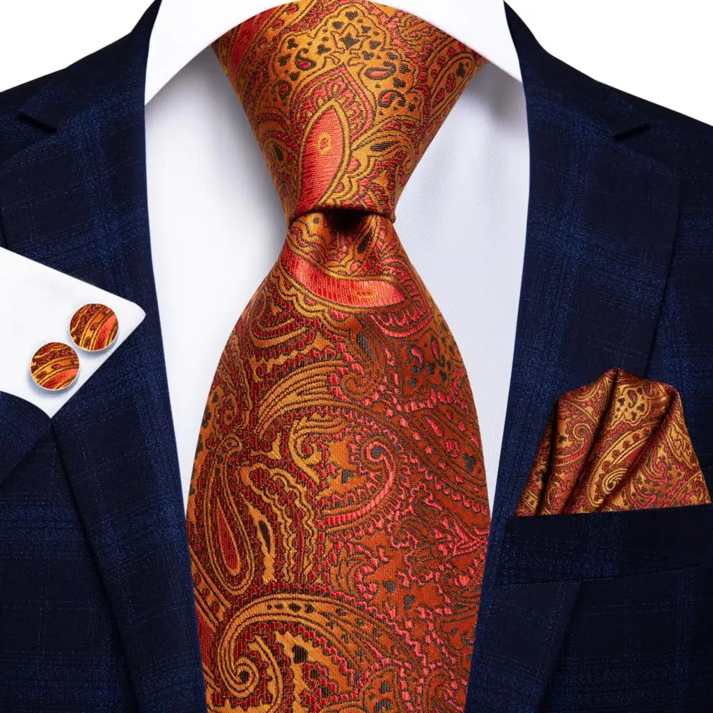 Hi-Tie Men's Orange Grey Paisley Silk Necktie Gift Set Necktie Gift Set Qme 0976
