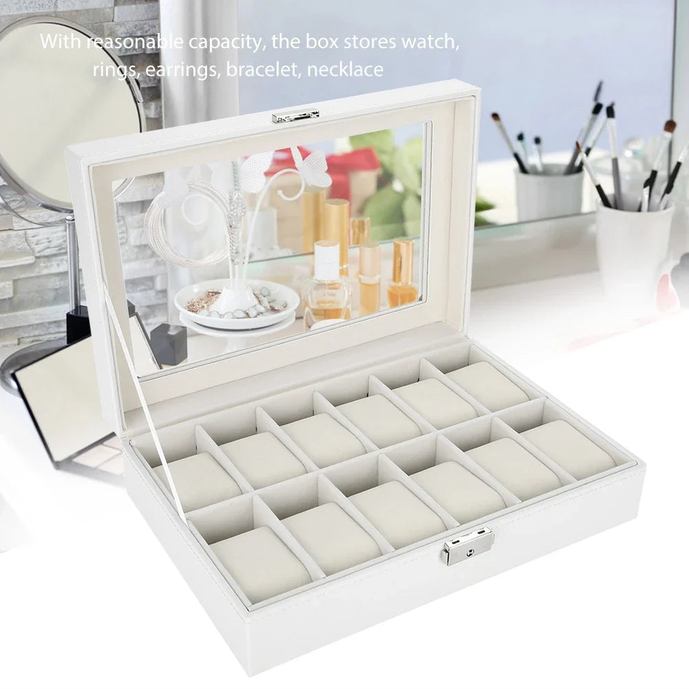 12-Grid PU Leather Watch Display Case & Jewelry Organizer Box Watch Display Case Qme