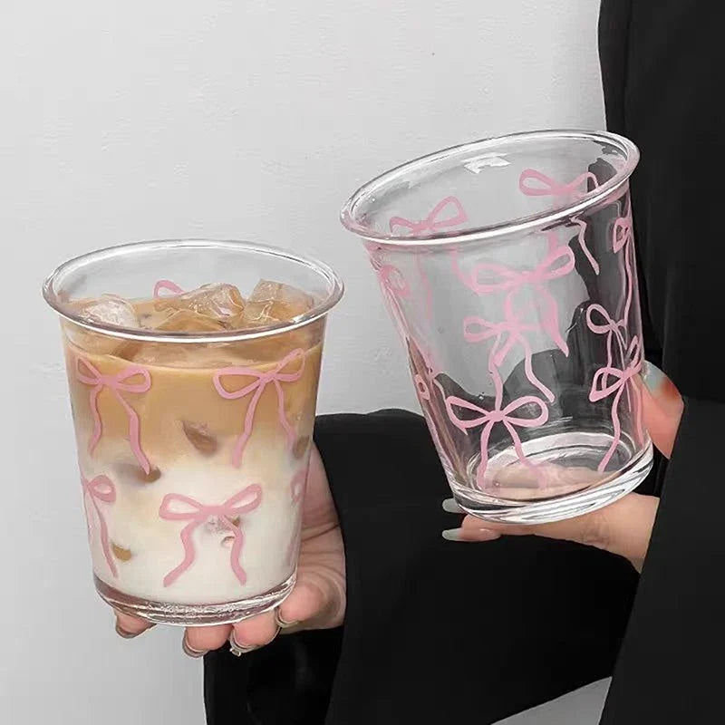 Cute Bow Glass Coffee Mug | Cartoon Striped Borosilicate Cup Glass Coffee Mug Qme