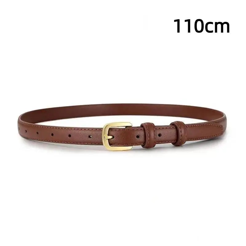 Women's 2cm PU Leather Belt – Slim Metal Buckle Western Style Women's Belt Qst Brown2