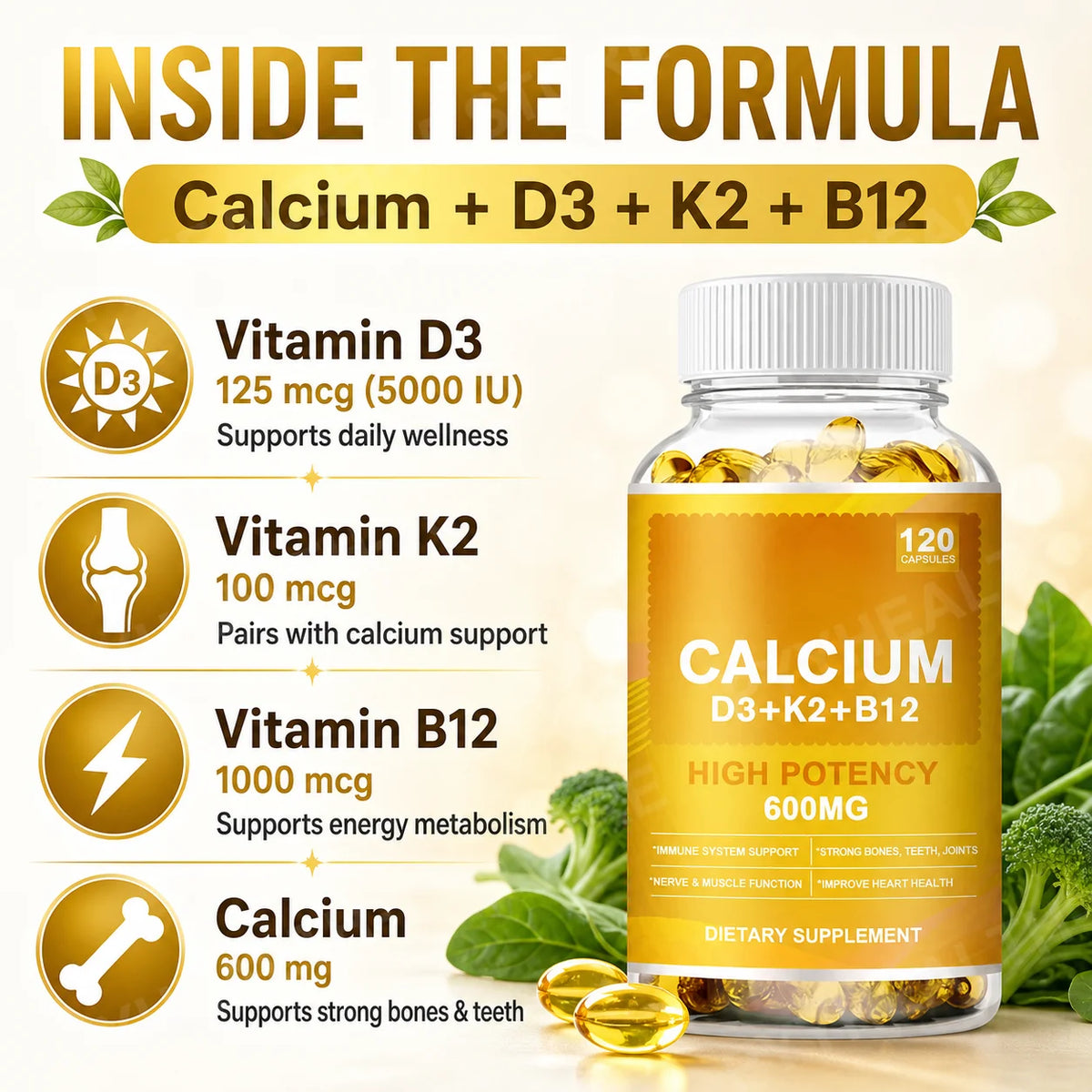 Calcium 600mg + D3 5000 IU + K2 + B12 Complex, 120 Softgels Vitamin Supplement Qst