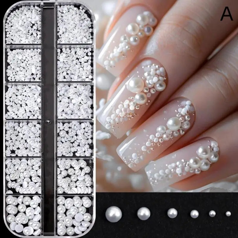 Half Round Pearl Nail Charms – 12-Grid Flatback Bead Set Nail Art Charms Qme A