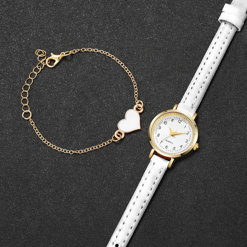 Women's Gold-Tone Quartz Watch & Heart Bracelet Set – White Dial Bracelet Watch Set Qme