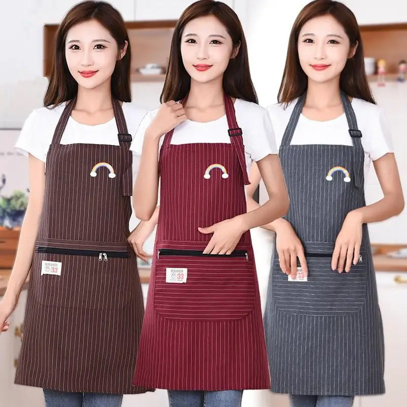 Striped Linen-Cotton Apron – Zippered, Oil-Resistant & Breathable Kitchen Apron Qst