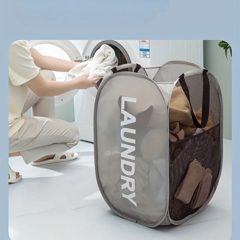 Foldable Mesh Laundry Basket with Handle | Polyester Storage Foldable Laundry Basket Qme