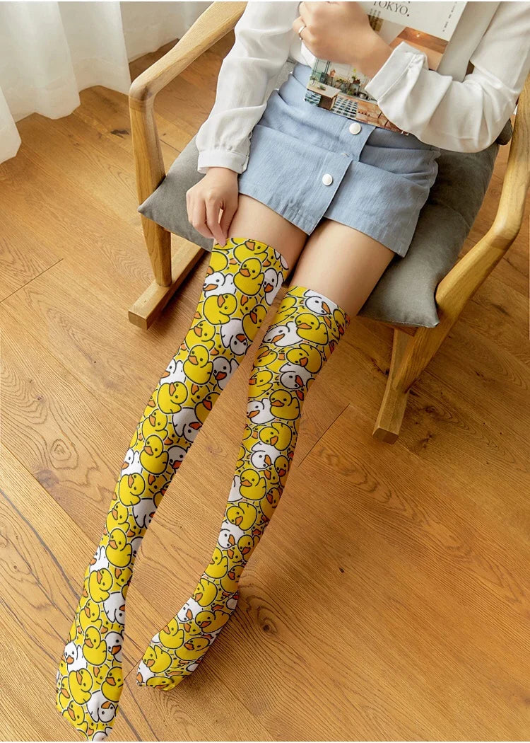 Cartoon Duck Women's Stockings – 3D Print Kawaii Harajuku Novelty Print Stockings Qme