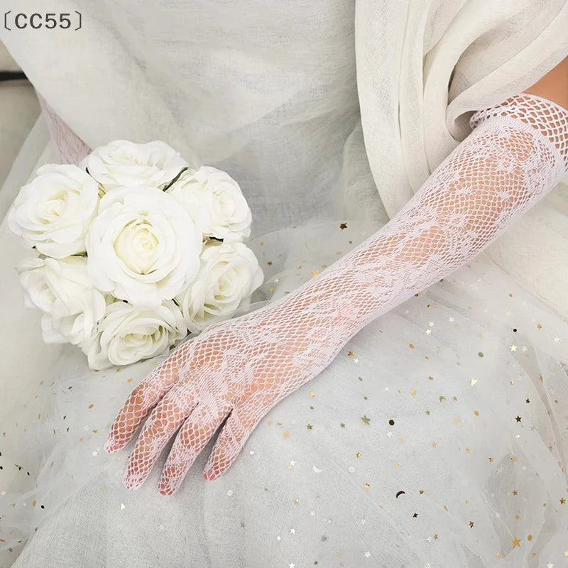 Women's Sheer Lace Fishnet Gloves – Stretchy Elbow Length Fashion Lace Gloves Qst
