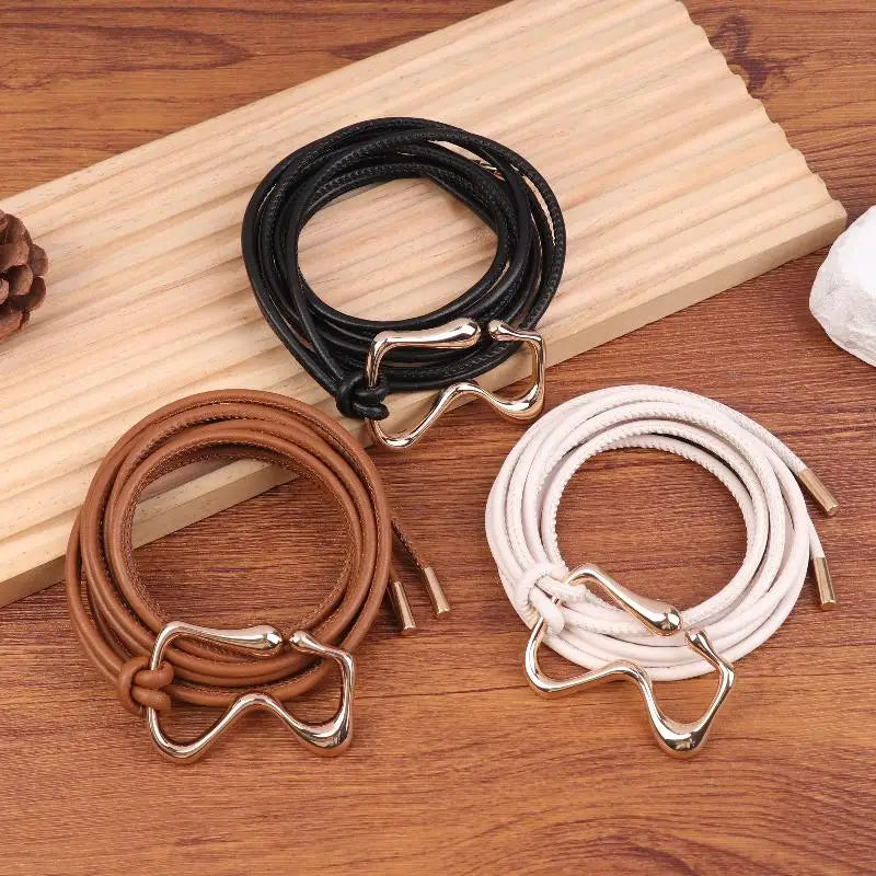 Women's PU Leather Thin Waist Belt – Gold Knotted Buckle Women's Fashion Belt Qst