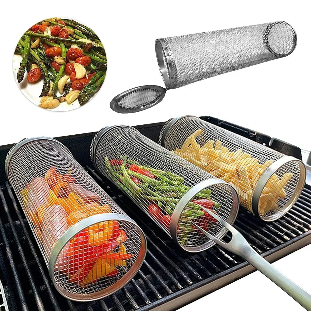 Round Stainless Steel BBQ Grill Basket – Camping & Outdoor BBQ Grill Basket Qst