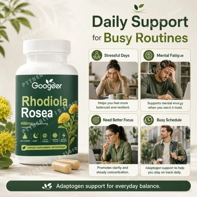 Googeer Rhodiola Rosea Capsules 400mg + Black Pepper – 60ct Herbal Supplement Qst