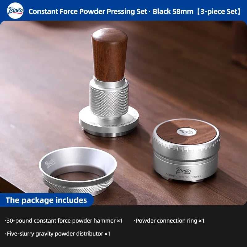 Bincoo 58mm Auto-Leveling Coffee Tamper – 5-Blade Wood Handle Espresso Tamper Qst Silver 3pcs B