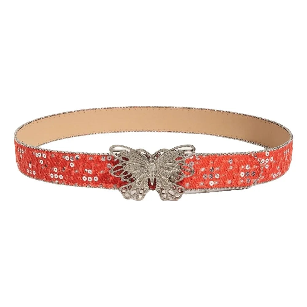 Sequin Butterfly Wide Belt – Y2K Punk Korean Denim Style Wide Fashion Belt Qme Red