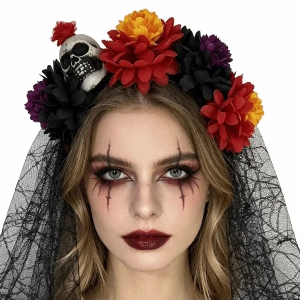 Halloween Flower Headband with Black Veil – 10 Colors Halloween Headband Qme