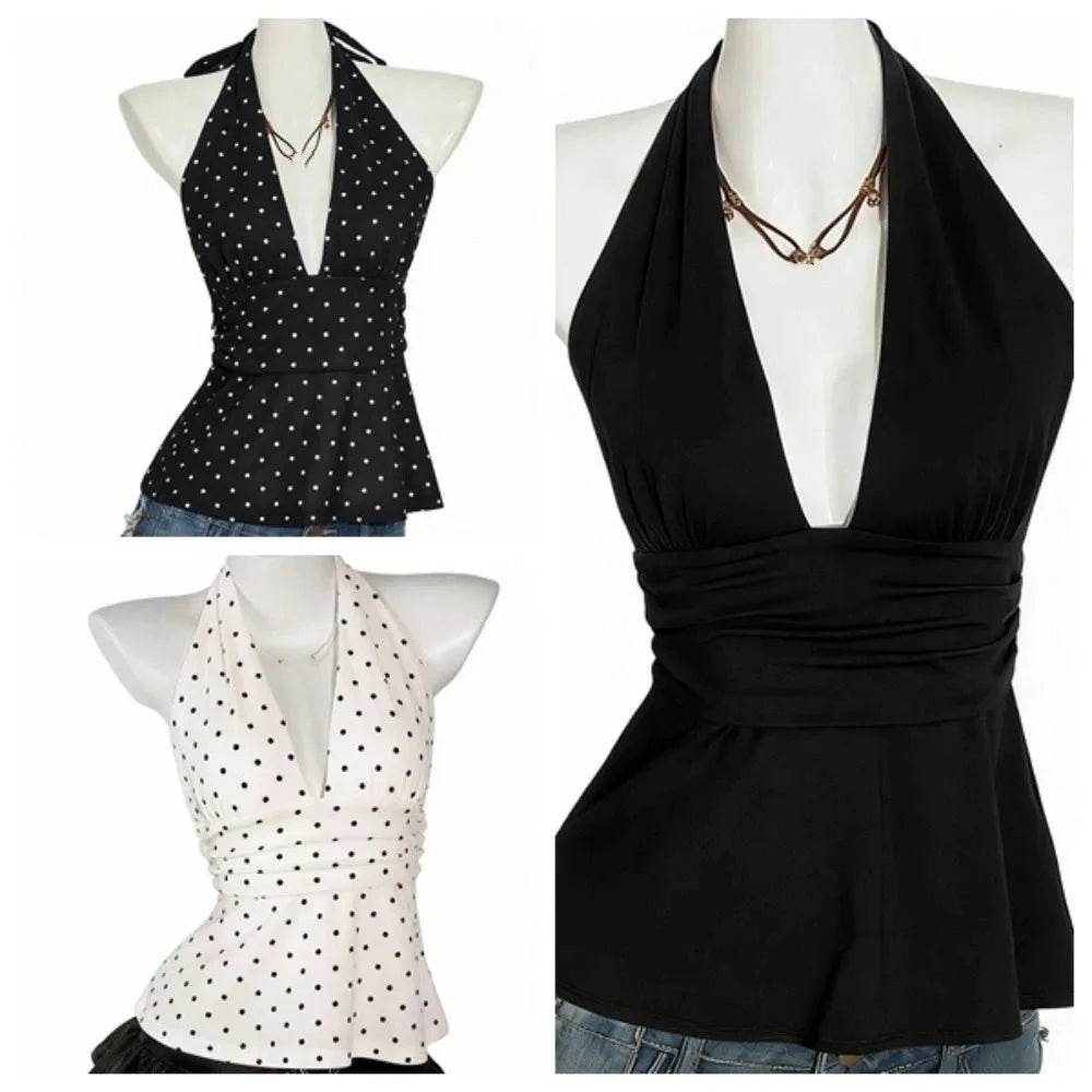 Women's Y2K Lace-Up Pleated Dot Camisole Crop Top – 6 Colors Camisole Crop Top Qme