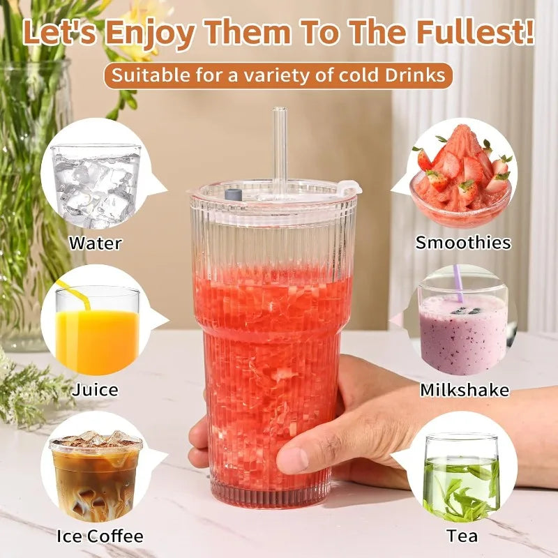 Striped Glass Coffee Cup with Lid & Straw – Large Capacity Glass Coffee Cup Qme