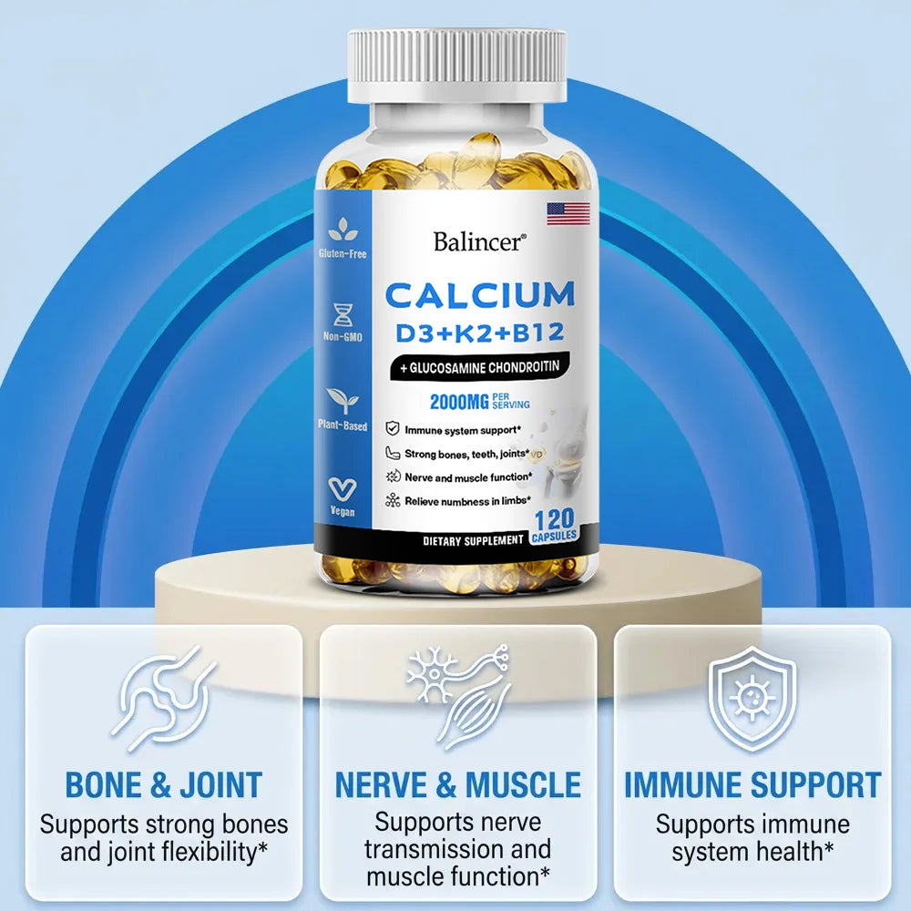 Calcium Capsules with Vitamin D3, K2 & B12 – 120 Count Vitamin Supplement Qst
