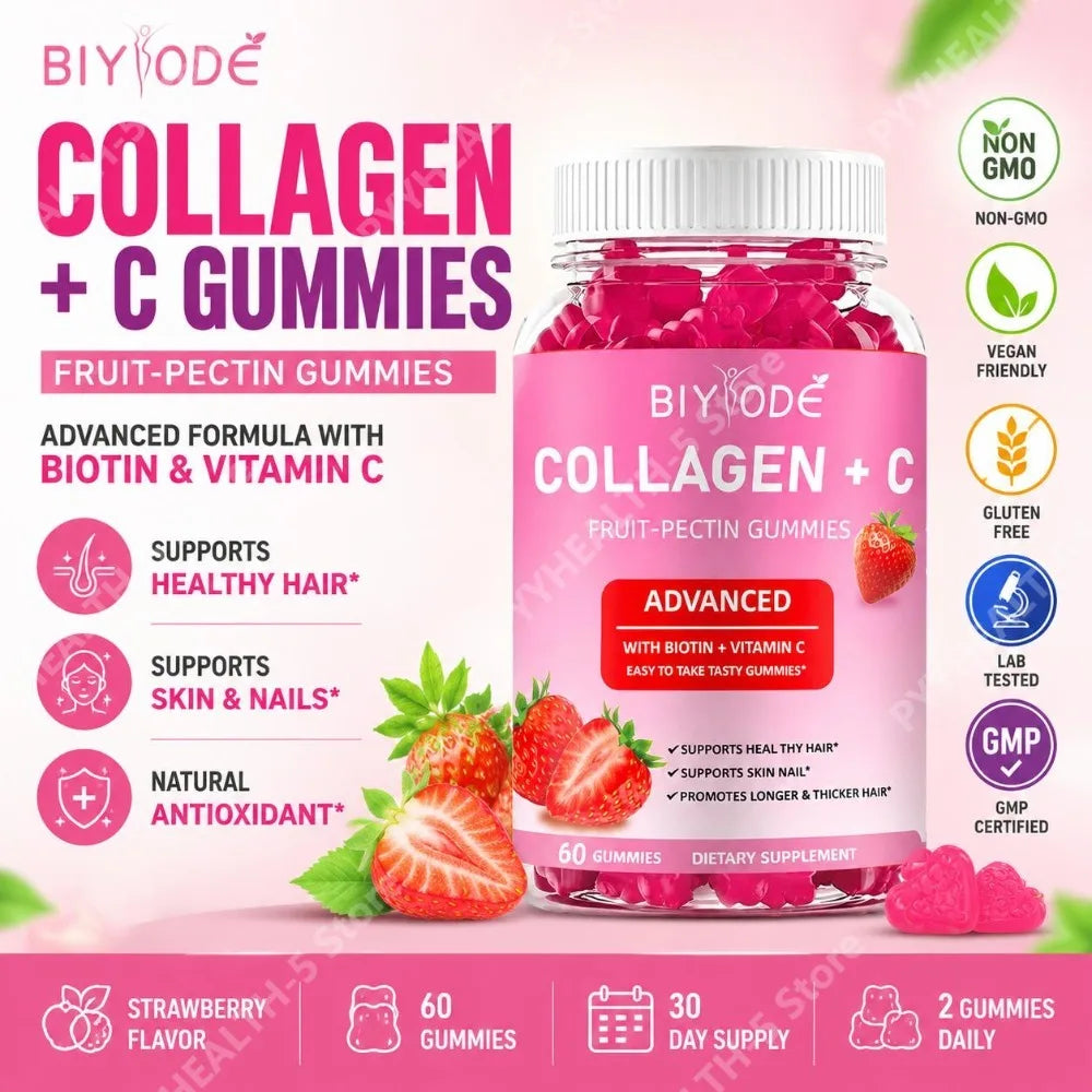BIYODE Collagen + C Gummies with Vitamin C – 60ct | Hair Skin Nails Collagen Gummies Qst