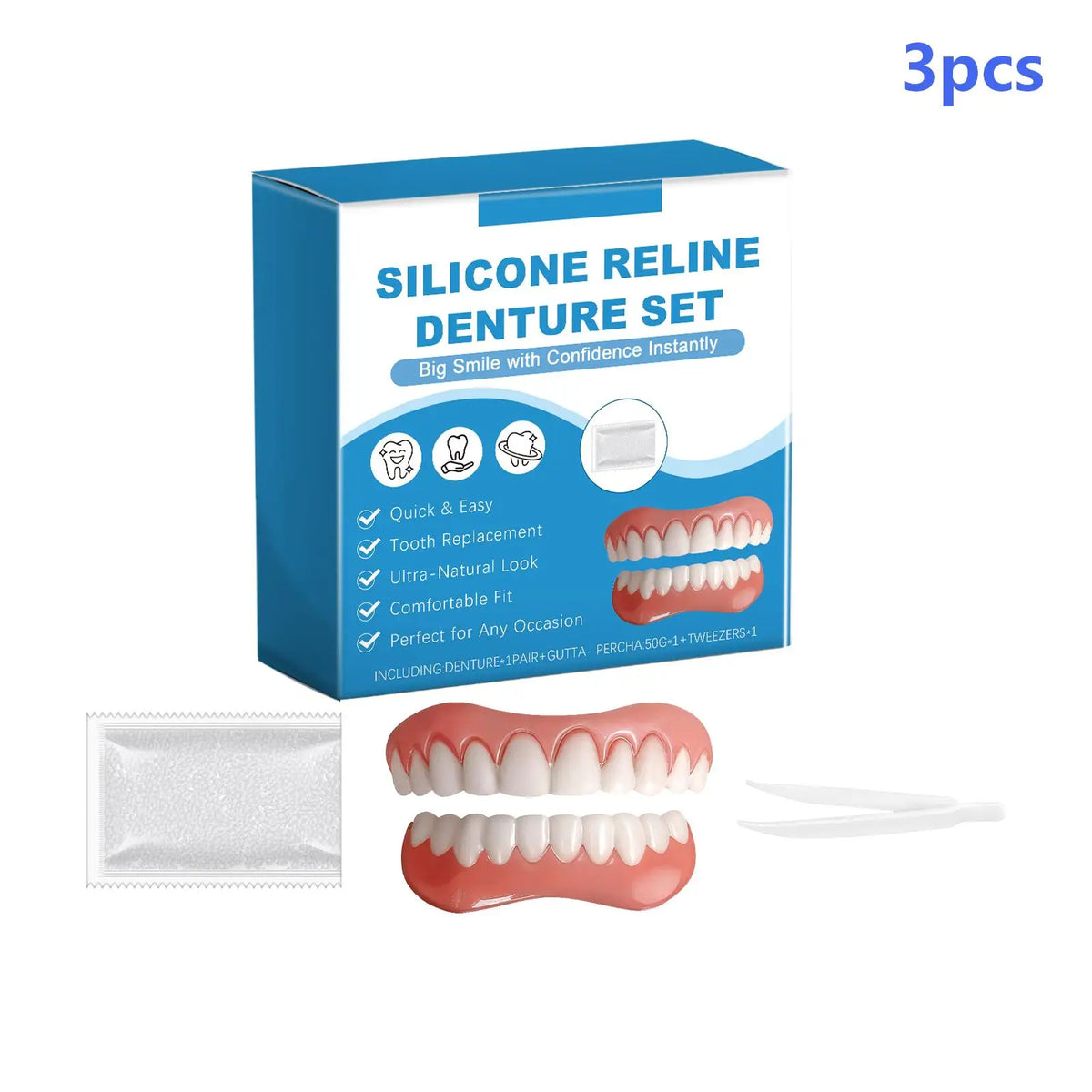 Silicone Reline Denture Set – Full Removable False Teeth Kit Removable Denture Kit Qst 3pcs