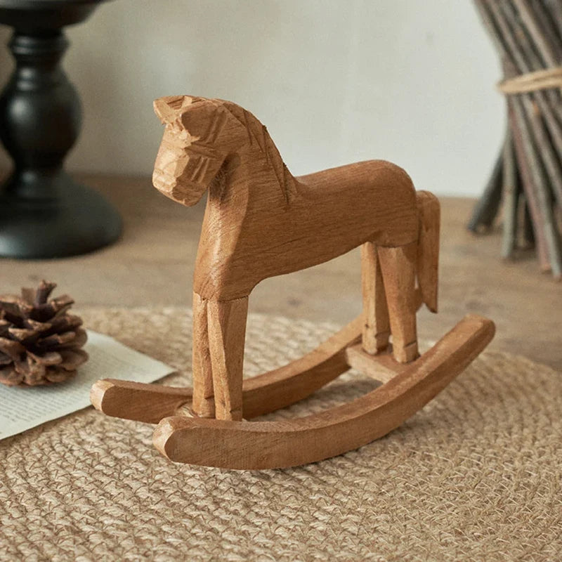 Wooden Rocking Horse Statue – Hand-Carved Figurine Decor Wood Figurine Decor Qme