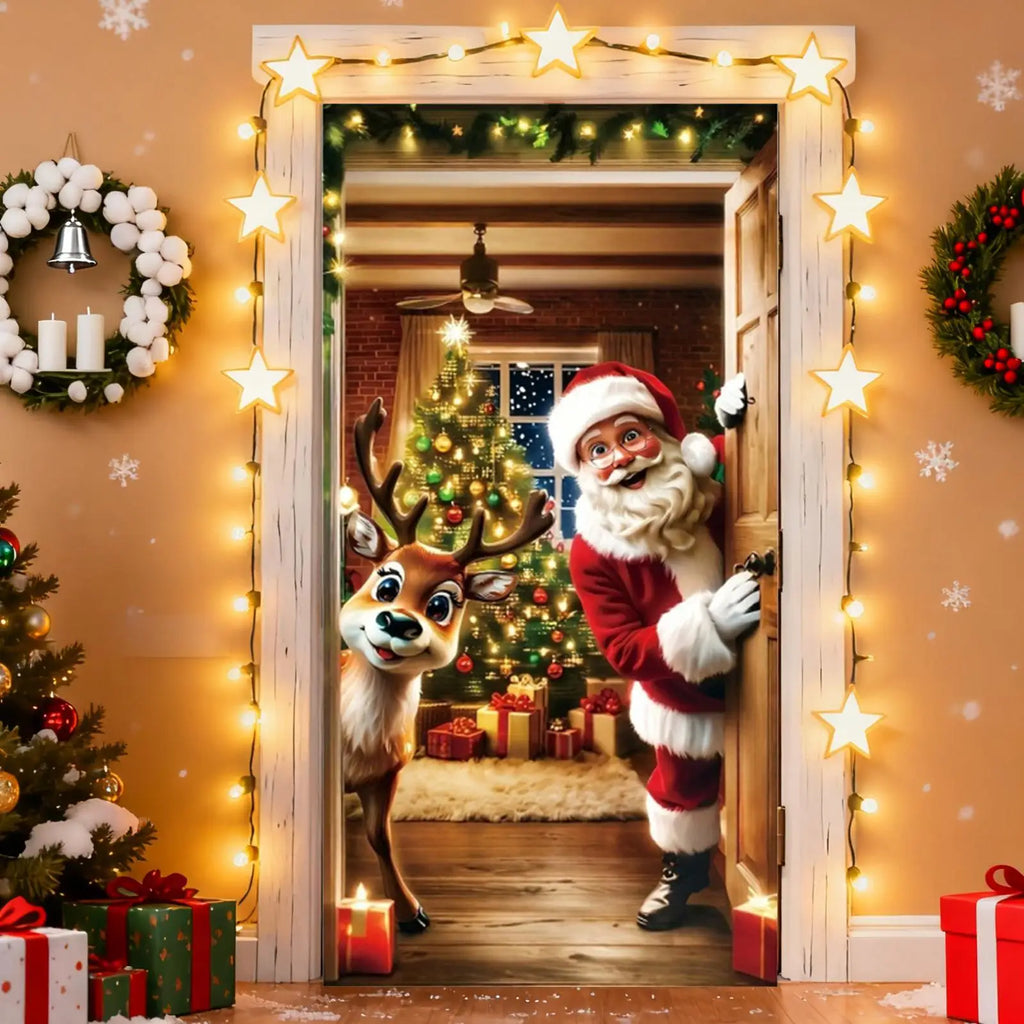 Christmas Front Door Cover 2D Holiday Decoration Banner Holiday Door Decoration Qme