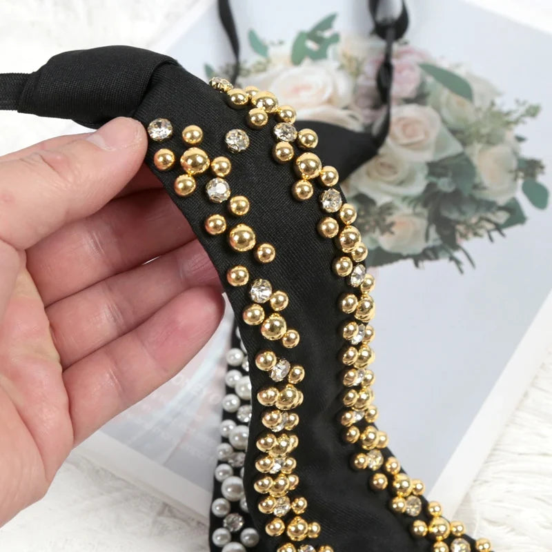 Women's Pearl Beaded Black Necktie – Handmade Fashion Tie Beaded Necktie Qme