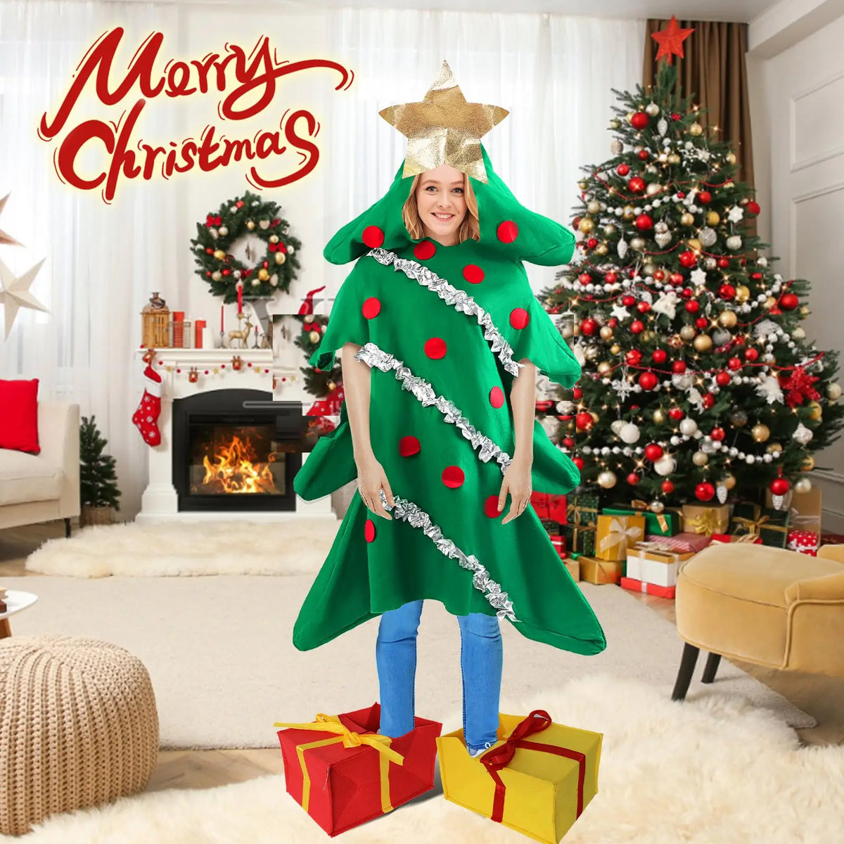 Christmas Tree Onesie Costume with Shoe Covers – Adults & Kids Holiday Onesie Costume Qme