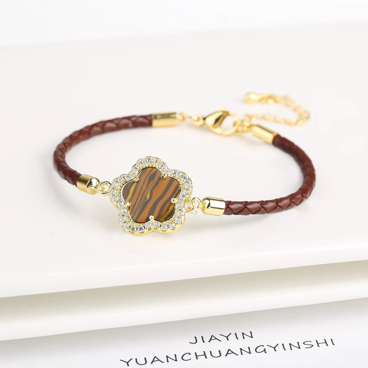 Zirconia Flower Leather Braided Bracelet for Women | 39 Colors Fashion Bracelet Qme Tiger Eye