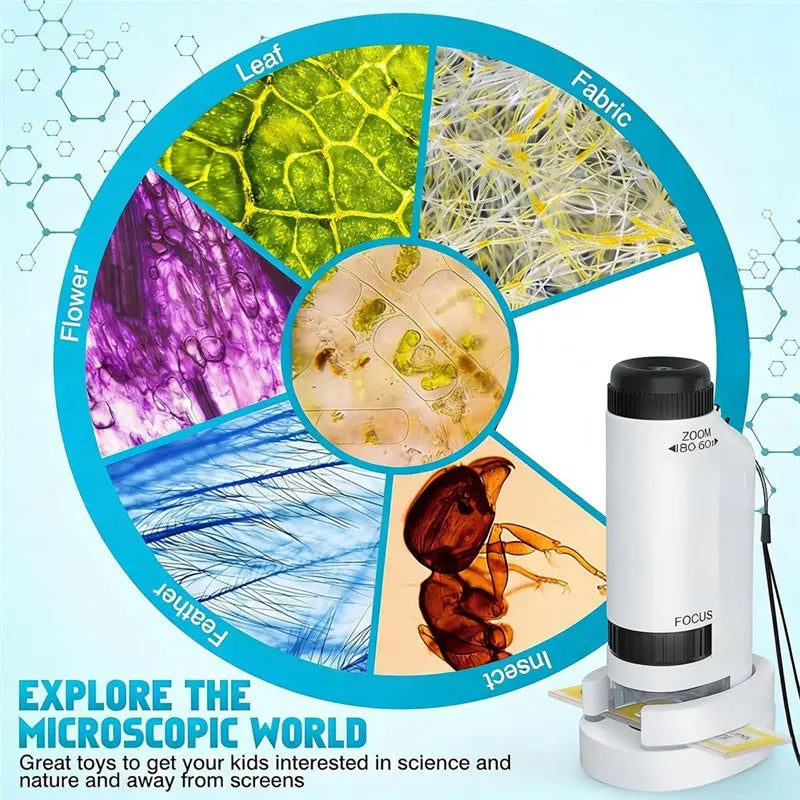 Kids Handheld Microscope 60X-180X Zoom LED STEM Pocket Toy Kids Science Toy Qme