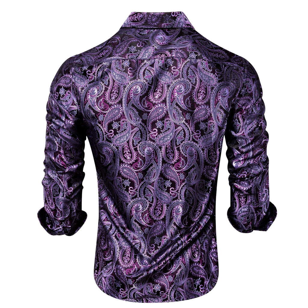 Men's Luxury Paisley Jacquard Shirt | Purple Mixed Pattern Men's Dress Shirt Qme