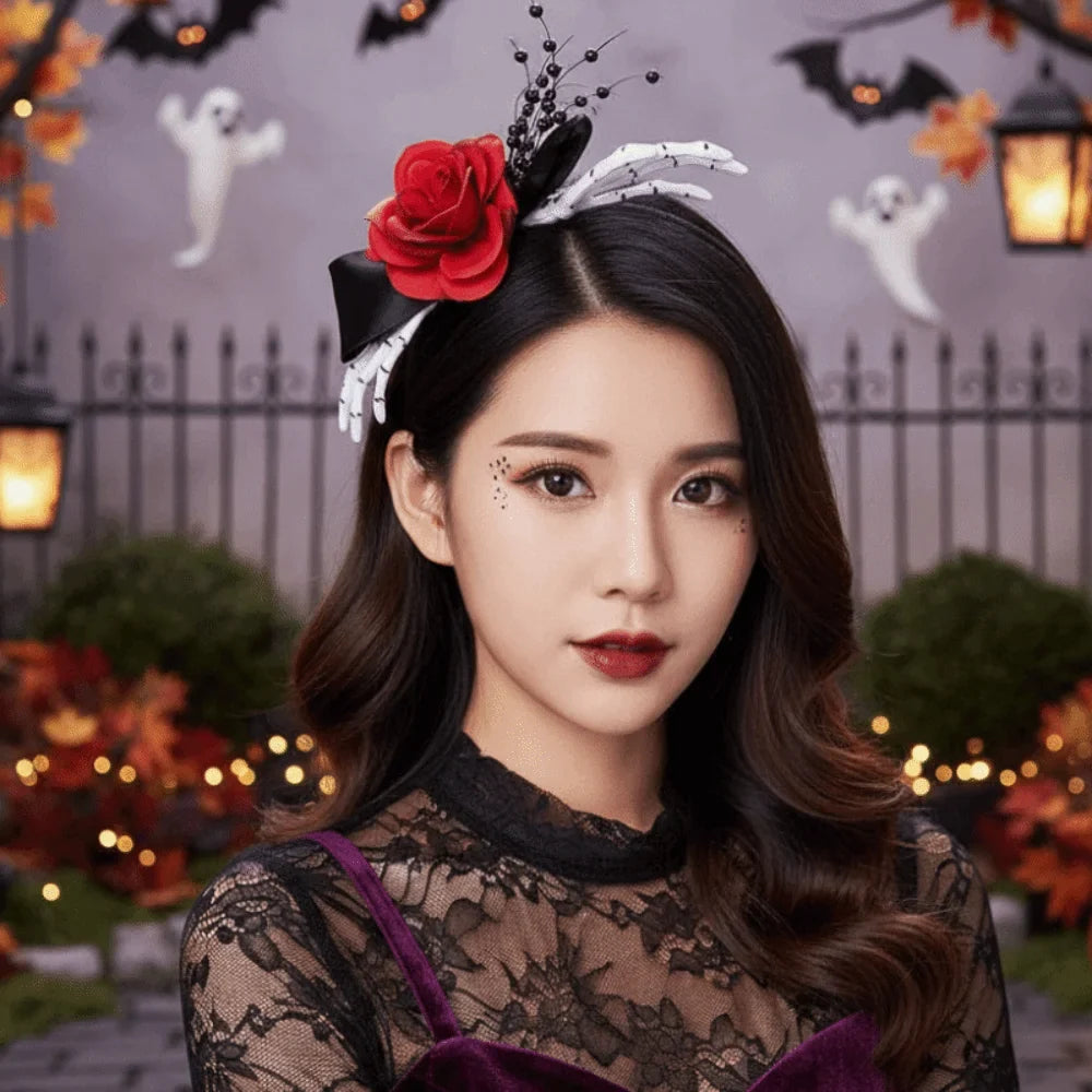 Red Rose Skeleton Hand Headband – Gothic Flower Hairband Halloween Headband Qme
