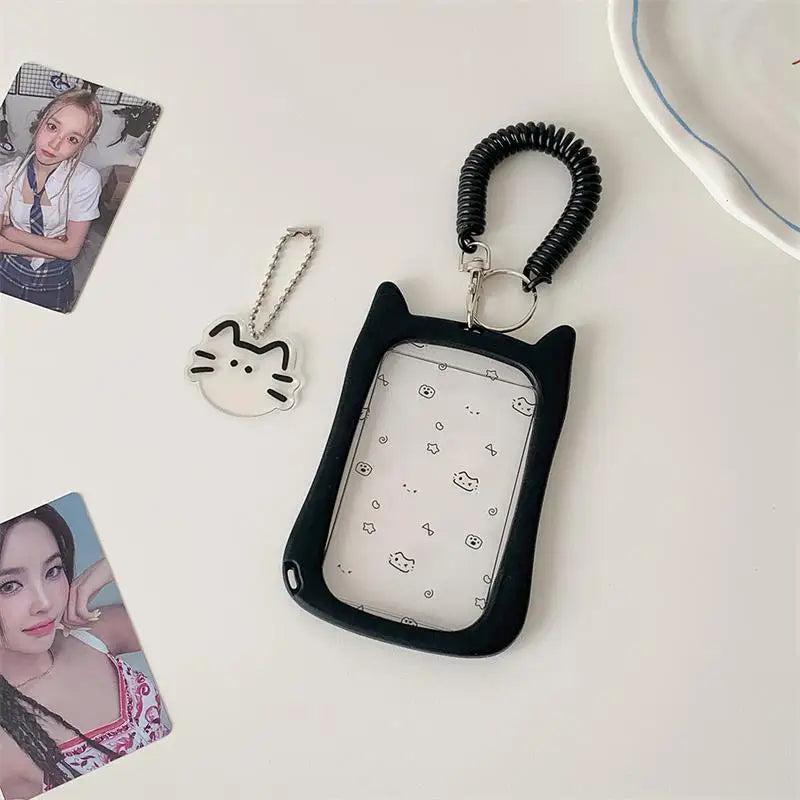 Cute Cat Photocard Holder with Elastic Rope | Idol Card Display Photocard Holder Keychain Qme A1