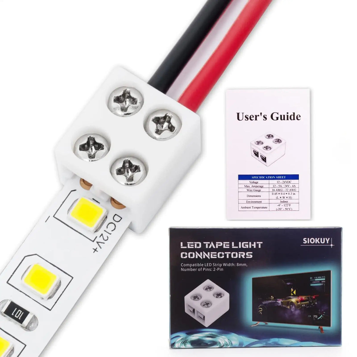 2-Pin Solderless LED Strip Connectors | 5V 12V 24V Multi-Wire LED Strip Connector Qme