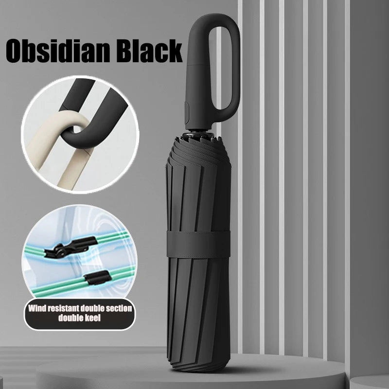 Oversized Windproof UV Auto Folding Umbrella – Rain & Sun Folding Umbrella Qst Obsidian Black 16K