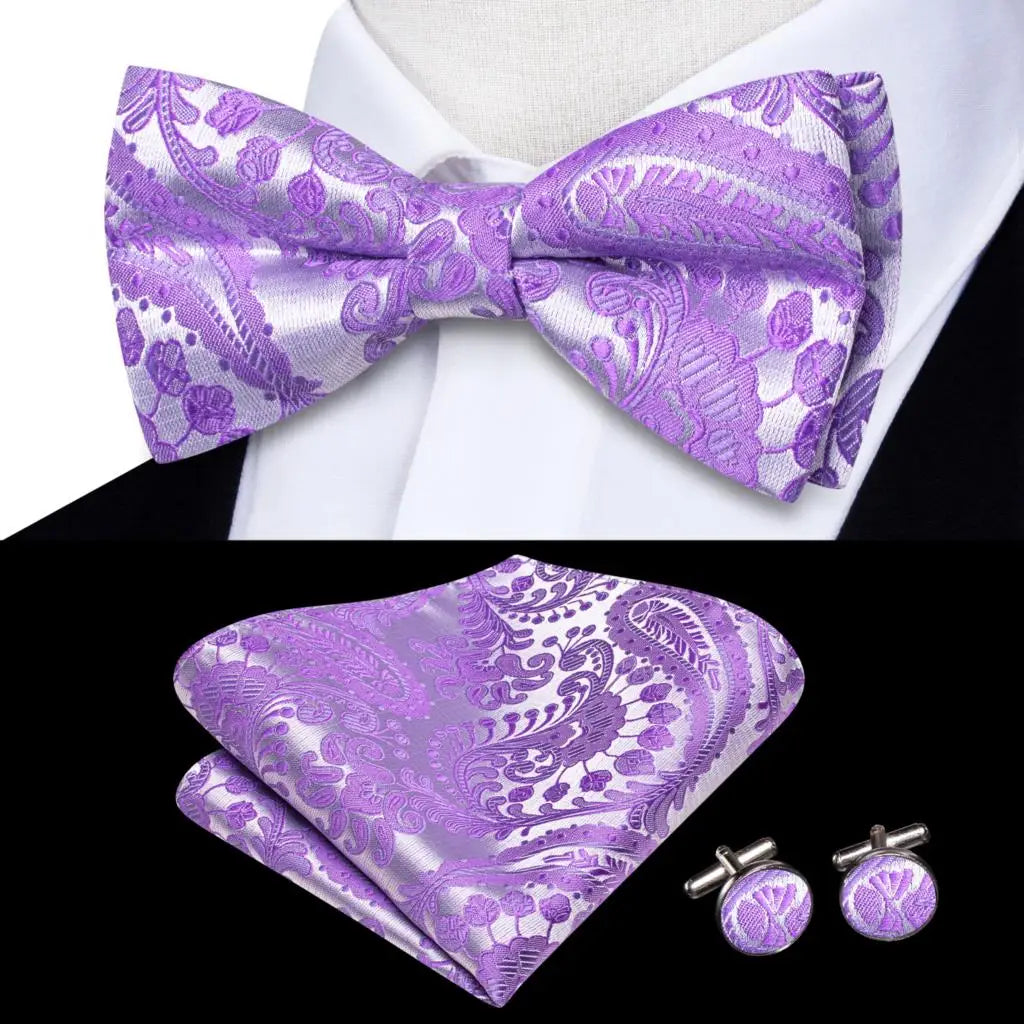 Men's Silk Bow Tie, Pocket Square & Cufflinks Set – Purple Bow Tie Gift Set Qme LDLH2542
