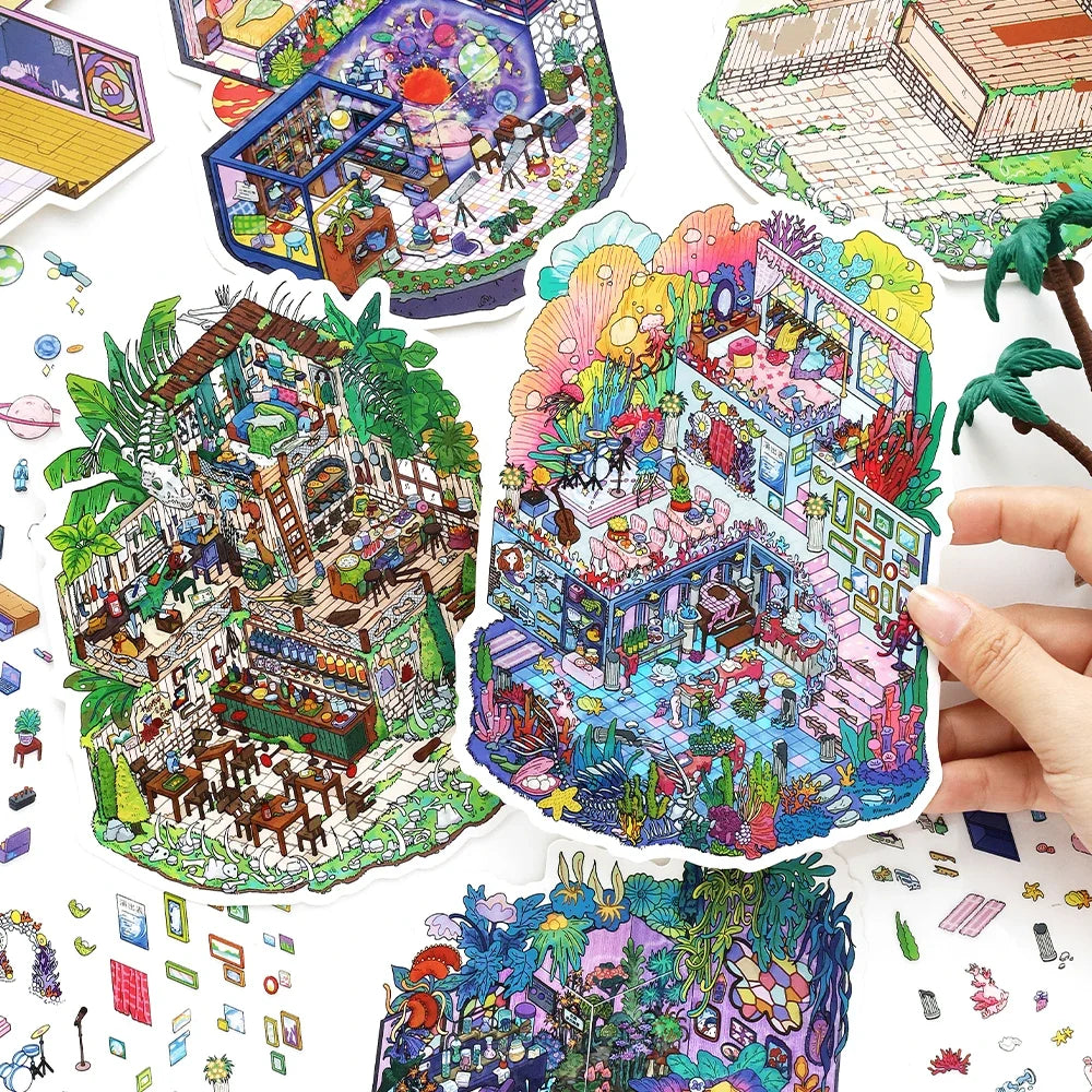 Fantasy House Miniature Scene Stickers – 3 Sheets, 5 Colors Decorative Craft Stickers Qme